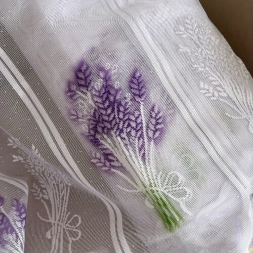 Függöny méteráru Jacquard vitrázs Lila levendula minta 70cm magas
